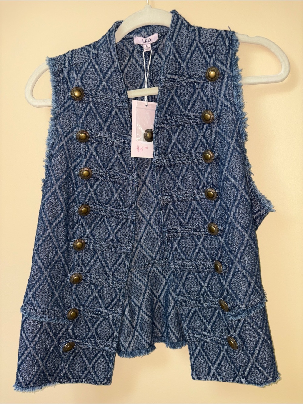 LF Blue Textured Knit Vest with Diamond Pattern